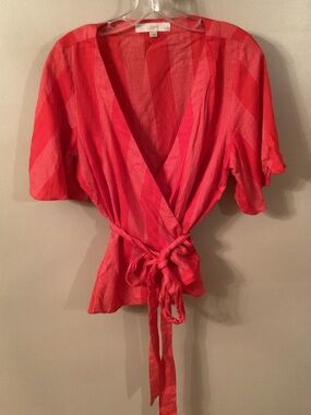 LOFT SIZE LP RED WHITE STRIPED TIE WRAP BLOUSE V NECK COTTON